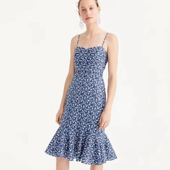 J. Crew Liberty Floral Blue and White Ruffled Midi Dress NWT - Picture 3 of 5